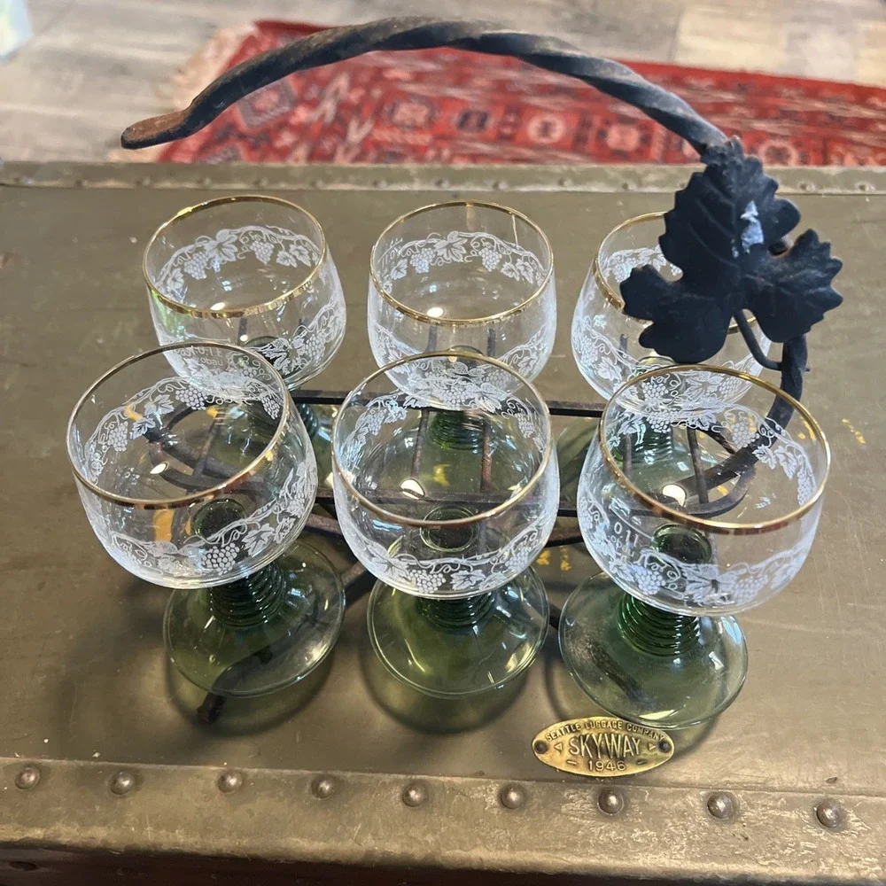 Vintage German OBAU Roemer Wine Glasses Set of 6 w/ Stand 0.1L Gold Trim
